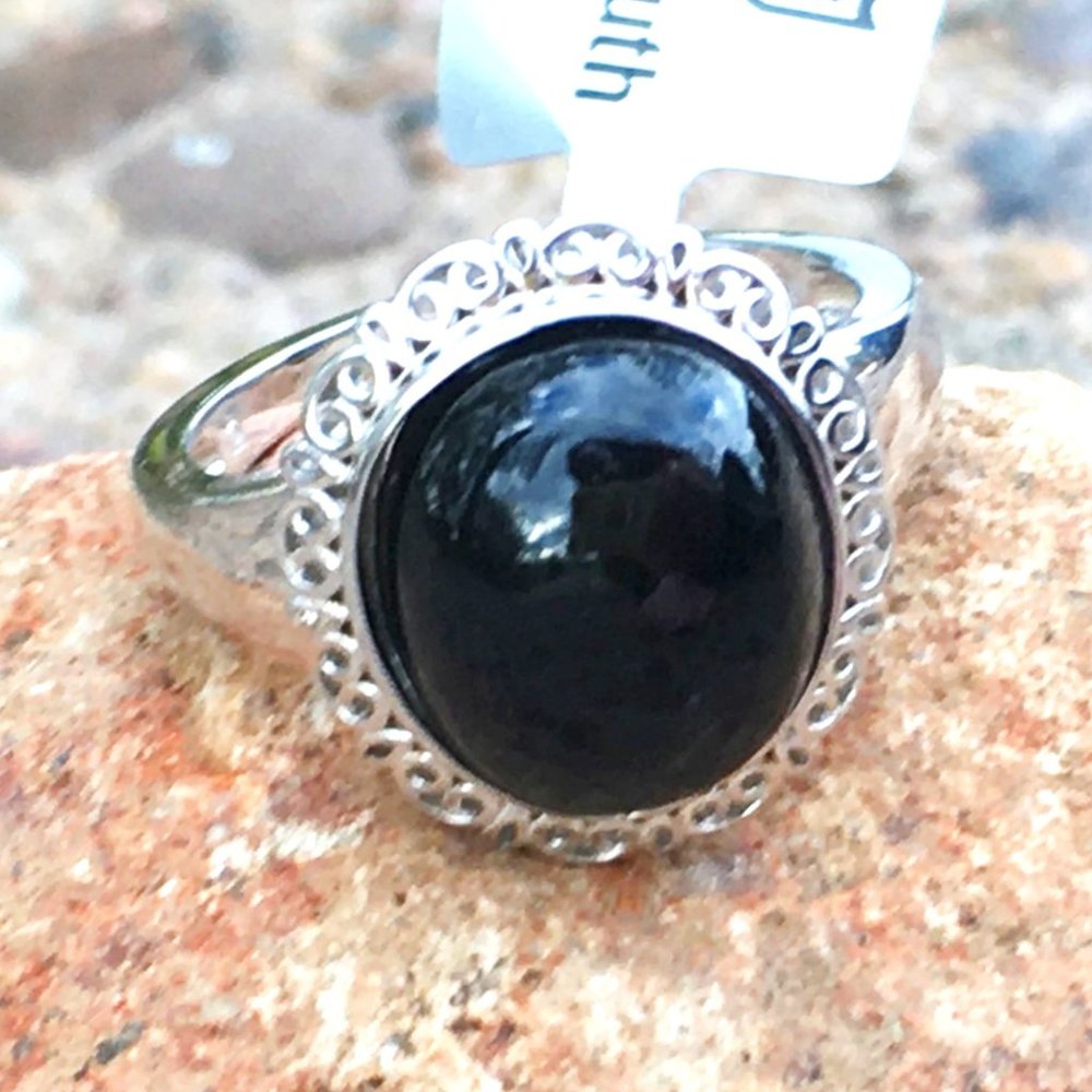 Genuine Black Tourmaline Cabochon Ring .925 Sterling Silver Size 5, 7 or 9